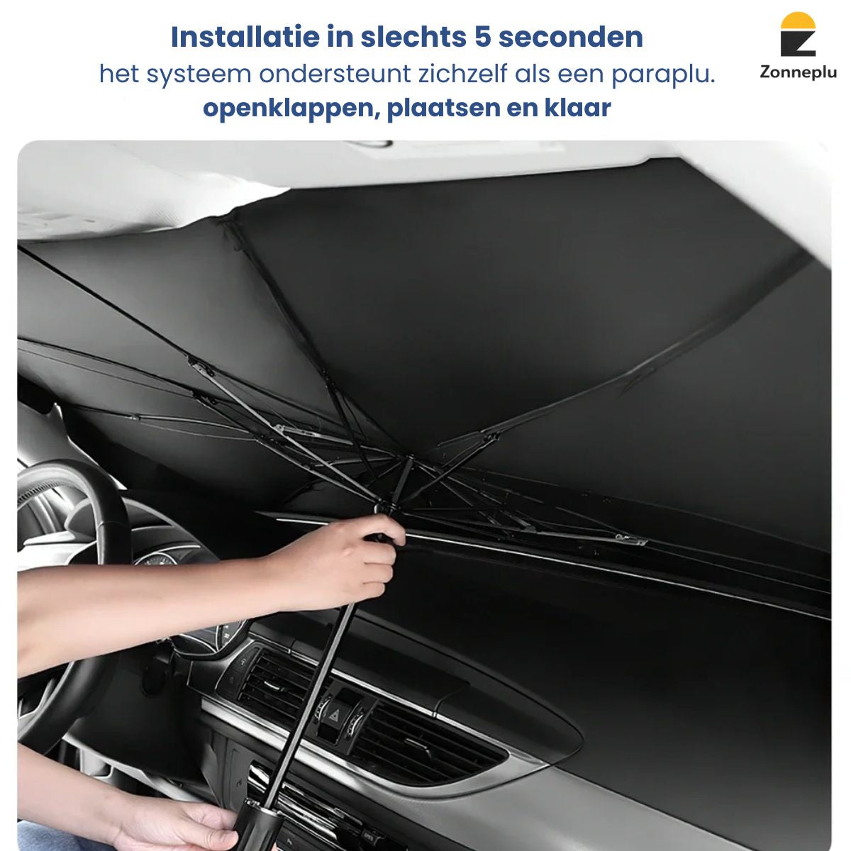 Zonwering auto voorruit plaatsen aan binnenzijde dashboard